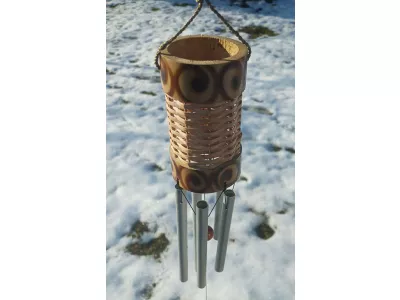 Dzwonek Wietrzny Bambus, Rattan + 5 rurek metal Gong + Lampki LED
